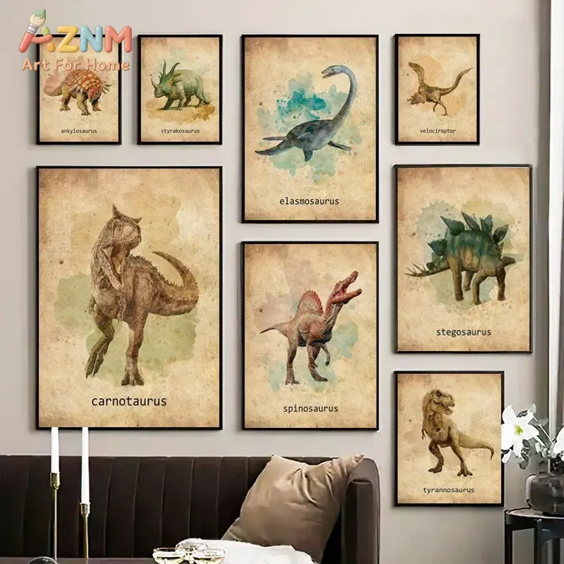 Kids Education Name - AZNM Vintage Dinosaurus Canvas Wandkunst Print